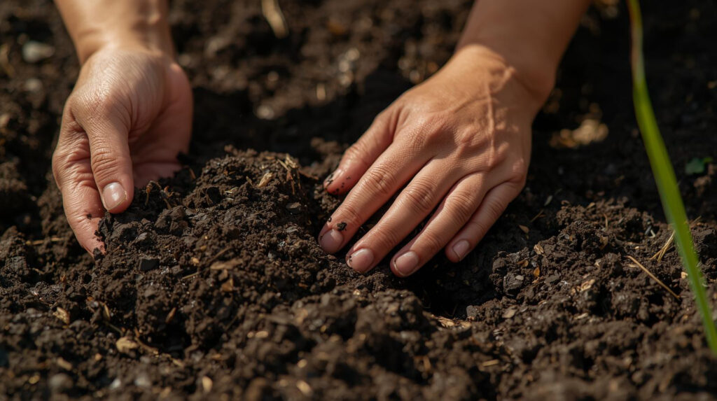 Hände die Gartenboden untersuchen