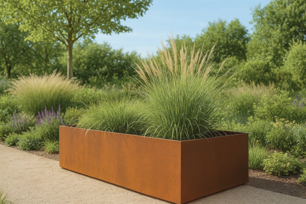 Cortenstahlkübel als Hochbeet in einem Garten